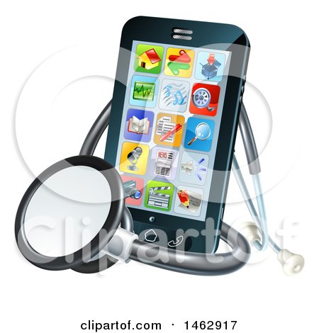 Clipart of a 3d Medical Stethoscope Around a Smart Phone with Apps on the Screen - Royalty Free Vector Illustration by AtStockIllustration