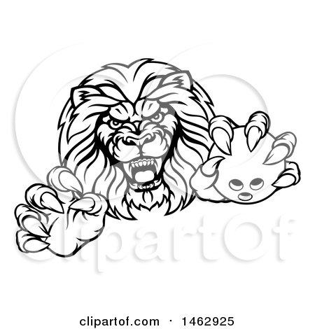 Clipart of a Black and White Tough Clawed Male Lion Monster Mascot Holding a Bowling Ball - Royalty Free Vector Illustration by AtStockIllustration
