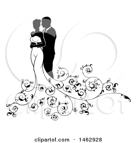 Clipart of a Black and White Silhouetted Posing Wedding Bride and Groom - Royalty Free Vector Illustration by AtStockIllustration