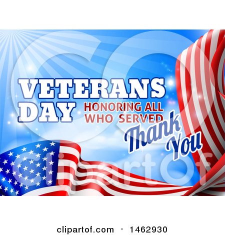 Clipart of a 3d Waving American Flag with Veterans Day Honoring All Who Served Thank You Text and Blue Sky - Royalty Free Vector Illustration by AtStockIllustration