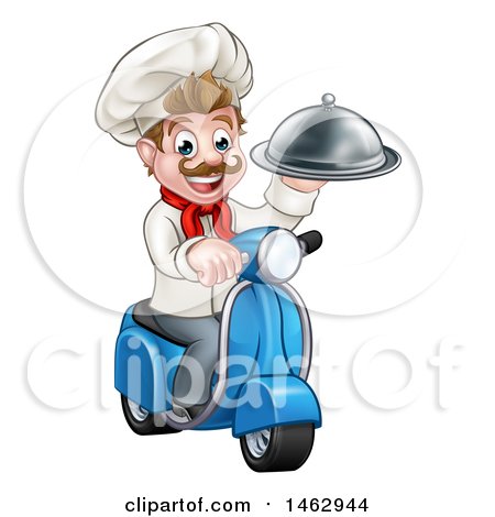 Clipart of a Cartoon Happy White Male Chef, Holding a Cloche on a Delivery Scooter - Royalty Free Vector Illustration by AtStockIllustration