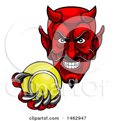 Clipart of a Grinning Evil Red Devil Holding out a Tennis Ball in a Clawed Hand - Royalty Free Vector Illustration by AtStockIllustration