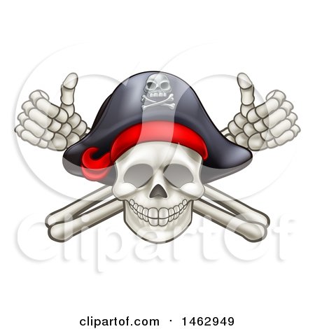 Clipart of a Skull and Crossbones Jolly Roger with a Pirate Hat and Thumbs up - Royalty Free Vector Illustration by AtStockIllustration