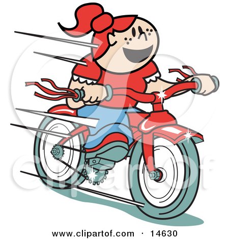 Happy Red Haired Girl Speeding Downhill On Her Brand New Red Bike Retro Clipart Illustration by Andy Nortnik