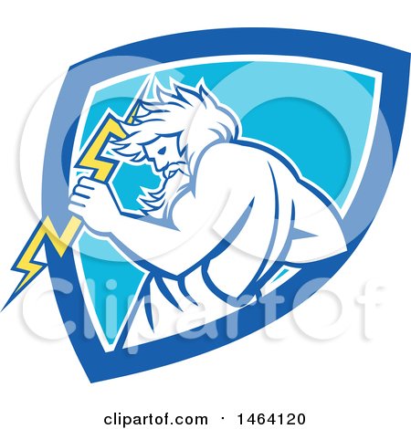 Clipart of a Retro Zeus Holding a Thunder Bolt in a White and Blue Shield - Royalty Free Vector Illustration by patrimonio