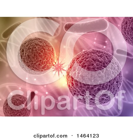 Clipart of a Background of a 3d Virus Cell Attacking Others over Dna Strands - Royalty Free Illustration by KJ Pargeter