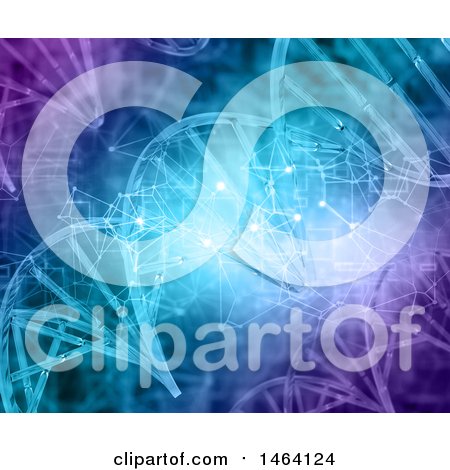 Clipart of a 3d Background of Double Helix Dna Strands over Connections - Royalty Free Illustration by KJ Pargeter