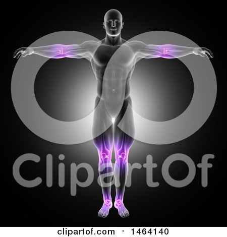 Clipart of a 3d Anatomical Man with Glowing Joints over Black - Royalty Free Illustration by KJ Pargeter