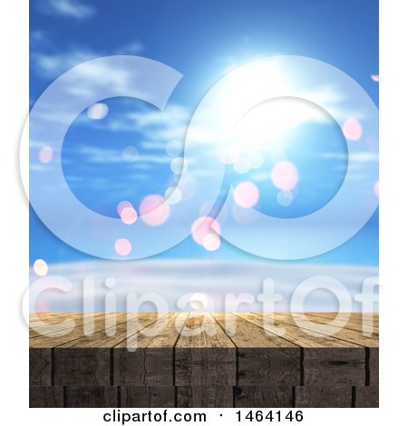 Clipart of a 3d Wood Surface over a Summer Sky - Royalty Free Illustration by KJ Pargeter