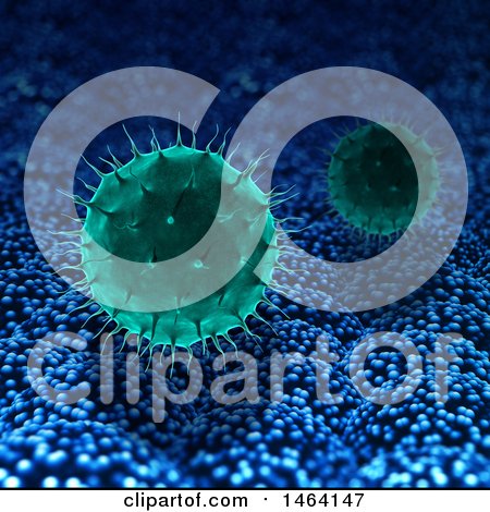 Clipart of a Background of 3d Green Virus Cells on Blue - Royalty Free Illustration by KJ Pargeter