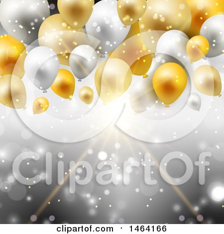 Clipart of a Background of Gold and Silver Balloons over Rays - Royalty Free Vector Illustration by KJ Pargeter