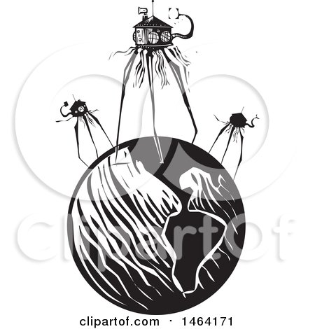 Clipart of Steampunk Martian Tripod Robots Invading Planet Earth Black and White Woodcut - Royalty Free Vector Illustration by xunantunich