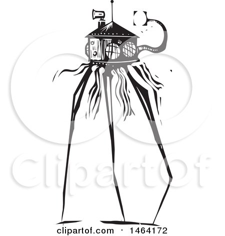 Clipart of a Steampunk Martian Tripod Robot Black and White Woodcut - Royalty Free Vector Illustration by xunantunich