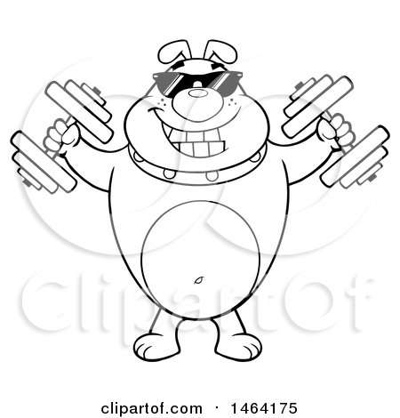 Clipart of a Black and White Bulldog Working out with Dumbbells - Royalty Free Vector Illustration by Hit Toon