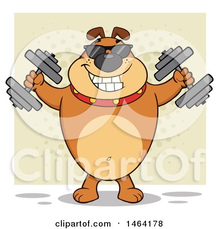 Clipart of a Brown Bulldog Working out with Dumbbells over a Tan Square - Royalty Free Vector Illustration by Hit Toon