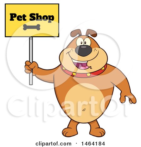 Clipart of a Brown Bulldog Holding a Pet Shop Sign - Royalty Free Vector Illustration by Hit Toon