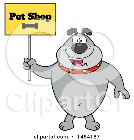 Clipart of a Gray Bulldog Holding a Pet Shop Sign - Royalty Free Vector Illustration by Hit Toon