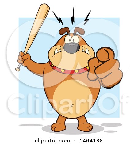Clipart of a Brown Bulldog Holding up a Bat and Pointing at the Viewer over Blue - Royalty Free Vector Illustration by Hit Toon