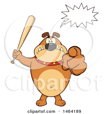 Clipart of a Brown Bulldog Holding up a Bat and Pointing at the Viewer Under a Speech Balloon - Royalty Free Vector Illustration by Hit Toon