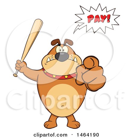 Clipart of a Brown Bulldog Holding up a Bat and Pointing at the Viewer Under a Pay Speech Balloon - Royalty Free Vector Illustration by Hit Toon