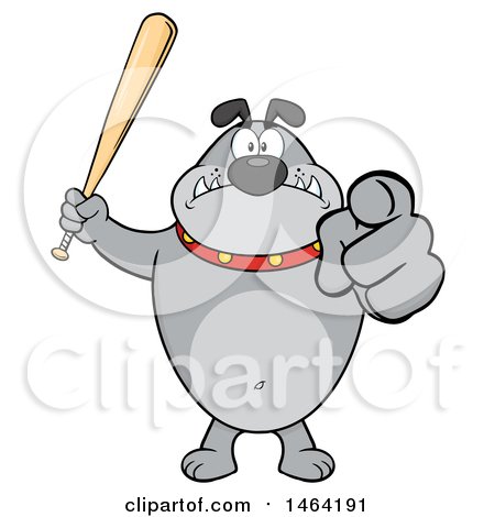 Clipart of a Gray Bulldog Holding up a Bat and Pointing at the Viewer - Royalty Free Vector Illustration by Hit Toon