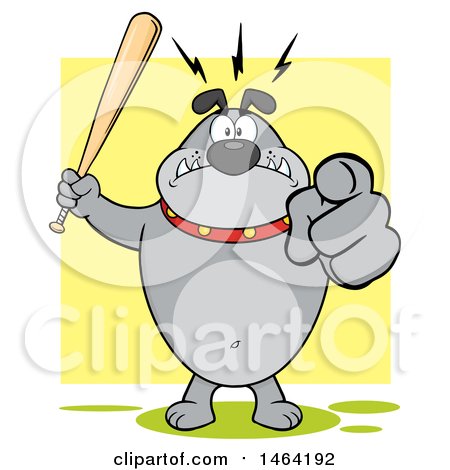 Clipart of a Gray Bulldog Holding up a Bat and Pointing at the Viewer, over Yellow - Royalty Free Vector Illustration by Hit Toon