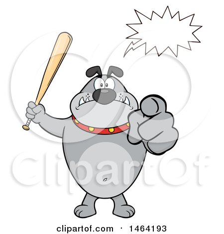 Clipart of a Gray Bulldog Holding up a Bat and Pointing at the Viewer, with a Speech Balloon| Royalty Free Vector Illustration by Hit Toon
