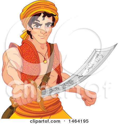 Clipart of a Man, Aladdin, Wielding a Saber - Royalty Free Vector Illustration by Pushkin