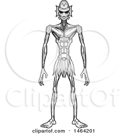 Clipart of a Black and White Standing Creature or Alien - Royalty Free Vector Illustration by Cory Thoman