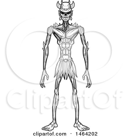 Clipart of a Black and White Standing Demon - Royalty Free Vector Illustration by Cory Thoman
