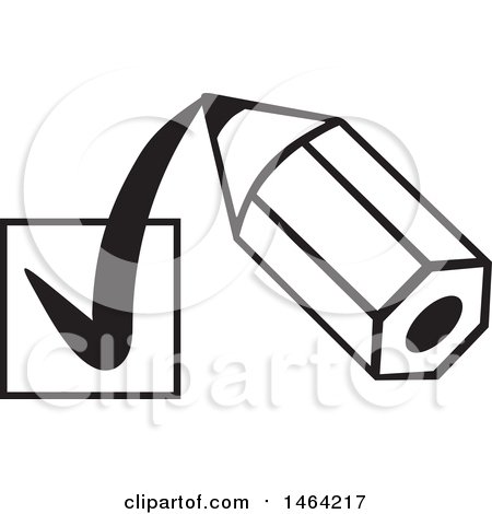 Clipart of a Black and White Short Pencil Drawing a Check Mark in a Box - Royalty Free Vector Illustration by Johnny Sajem