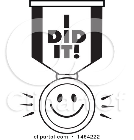 Clipart of a Black and White Smiley Face and I Did It Ribbon - Royalty Free Vector Illustration by Johnny Sajem