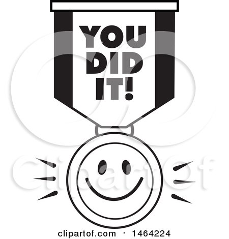 Clipart of a Black and White Smiley Face and You Did It Ribbon - Royalty Free Vector Illustration by Johnny Sajem