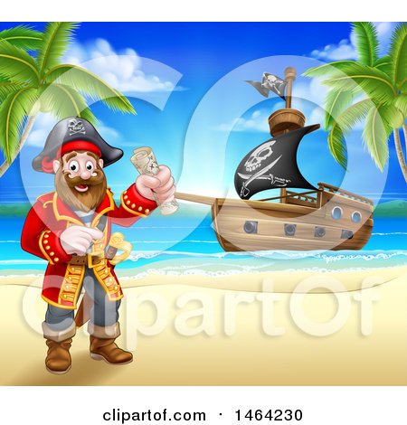 Clipart of a Happy Male Pirate Captain Holding a Treasure Map on a Tropical Beach, with a Ship in the Background - Royalty Free Vector Illustration by AtStockIllustration