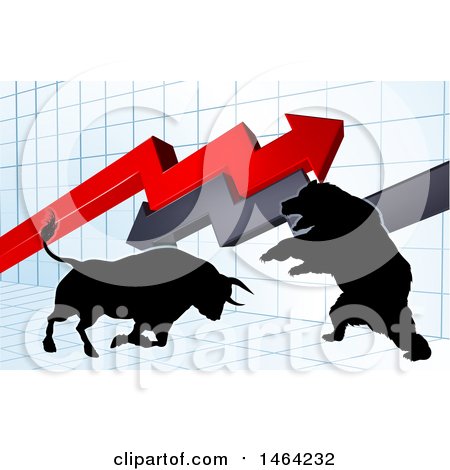 Clipart of a Silhouetted Bear Vs Bull Stock Market Design with Arrows over a Graph - Royalty Free Vector Illustration by AtStockIllustration