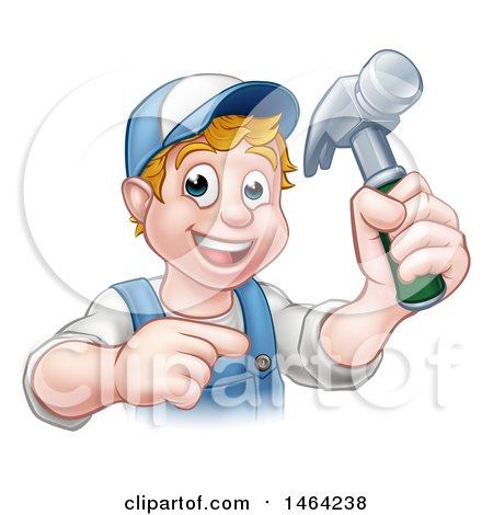 Clipart of a Cartoon Happy White Male Carpenter Holding a Hammer and Pointing - Royalty Free Vector Illustration by AtStockIllustration