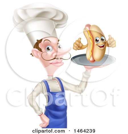 Clipart of a White Male Chef with a Curling Mustache, Holding a Hot Dog on a Platter - Royalty Free Vector Illustration by AtStockIllustration