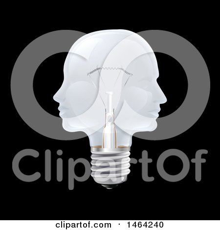 Clipart of a 3d Double Profiled Faces Light Bulb on Black - Royalty Free Vector Illustration by AtStockIllustration