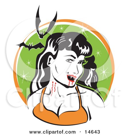 Pale, Black Haired Female Vampire With Blood Dripping Off Of Her Fanges And Onto Her Chin, Showing The Bite Marks On Her Neck While Two Bats Fly Above Posters, Art Prints