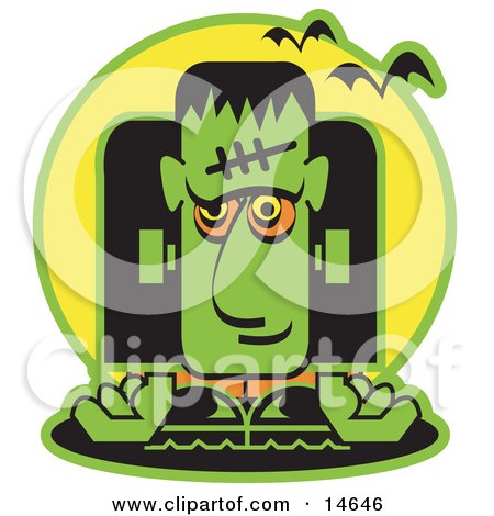 Green Frankenstein With Vampire Bats Clipart Illustration by Andy Nortnik