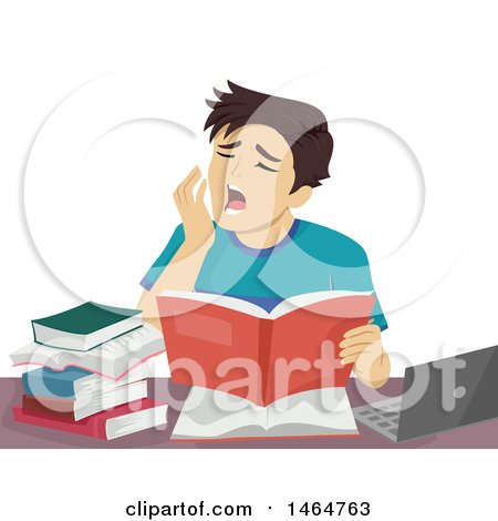 Clipart of a Teenage Guy Yawning While Studying - Royalty Free Vector Illustration by BNP Design Studio