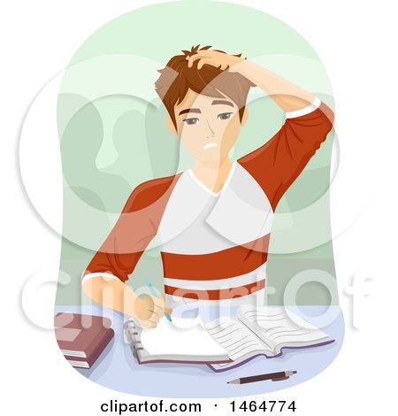 Clipart of a Teenage Guy Scratching His Head While Studying - Royalty Free Vector Illustration by BNP Design Studio