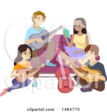 Clipart of a Group of Teenagers Hanging out and Playing Guitars - Royalty Free Vector Illustration by BNP Design Studio