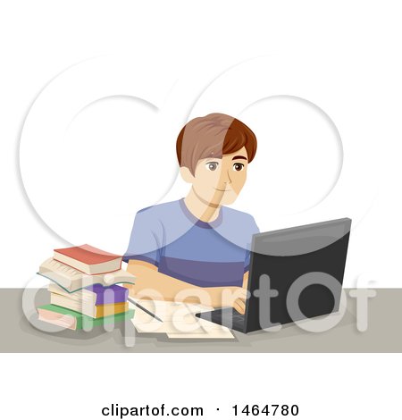 Clipart of a Teenage Boy Working on a Laptop Computer - Royalty Free Vector Illustration by BNP Design Studio