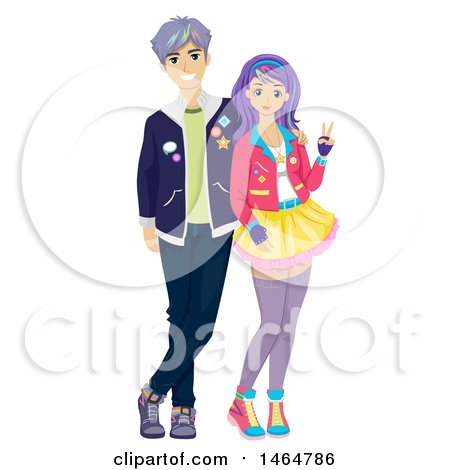 Clipart of a Teenage Couple in Colorful Korean Pop Culture Fashion - Royalty Free Vector Illustration by BNP Design Studio