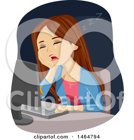 Clipart of a Teenage Girl Sleeping at Her Computer - Royalty Free Vector Illustration by BNP Design Studio