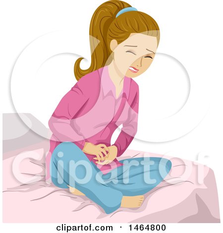 Clipart of a Teenage Girl Sitting on a Bed and Suffering from Cramps - Royalty Free Vector Illustration by BNP Design Studio