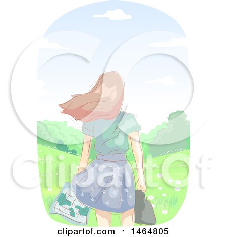 Clipart of a Rear View of a Sketched Teenage Girl Holding a Map in a Windy Meadow - Royalty Free Vector Illustration by BNP Design Studio