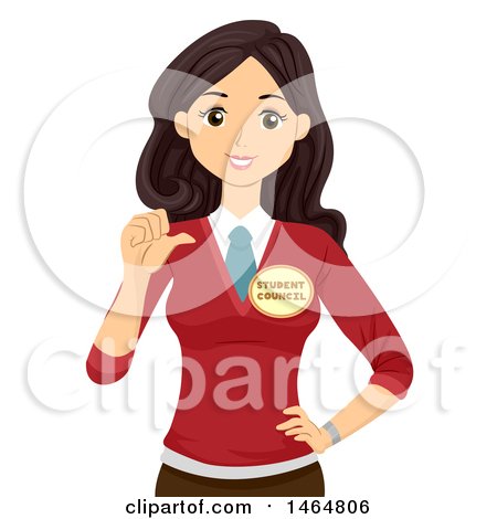 Clipart of a Teenage Girl Wearing a Student Councel Button and Gesturing to Herself - Royalty Free Vector Illustration by BNP Design Studio