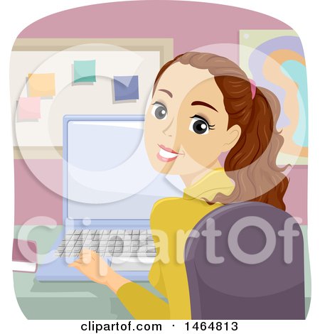 Clipart of a Teenage Girl Looking Back and Using a Laptop Computer - Royalty Free Vector Illustration by BNP Design Studio